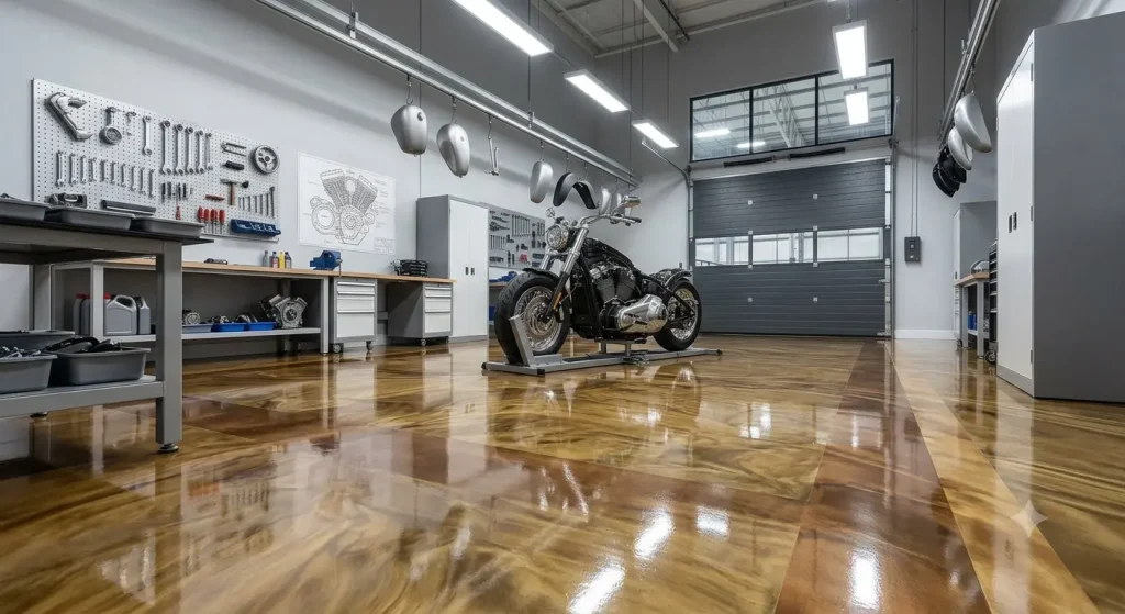 commercial custom motorcycle assembly on epoxy floor (AI-generated for illustrative purposes)