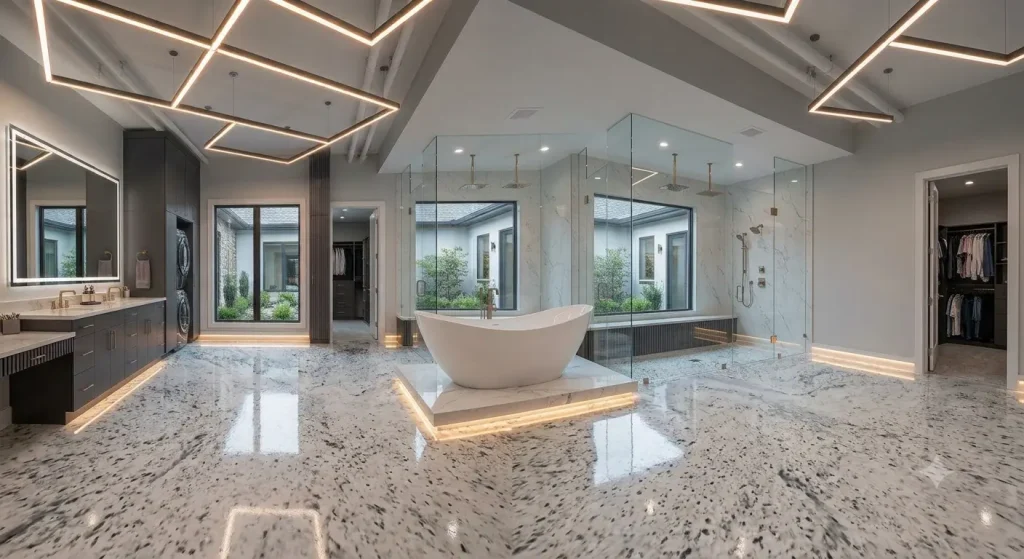 contemporary residential bathroom with grey and white epoxy flooring (AI-generated for illustrative purposes)