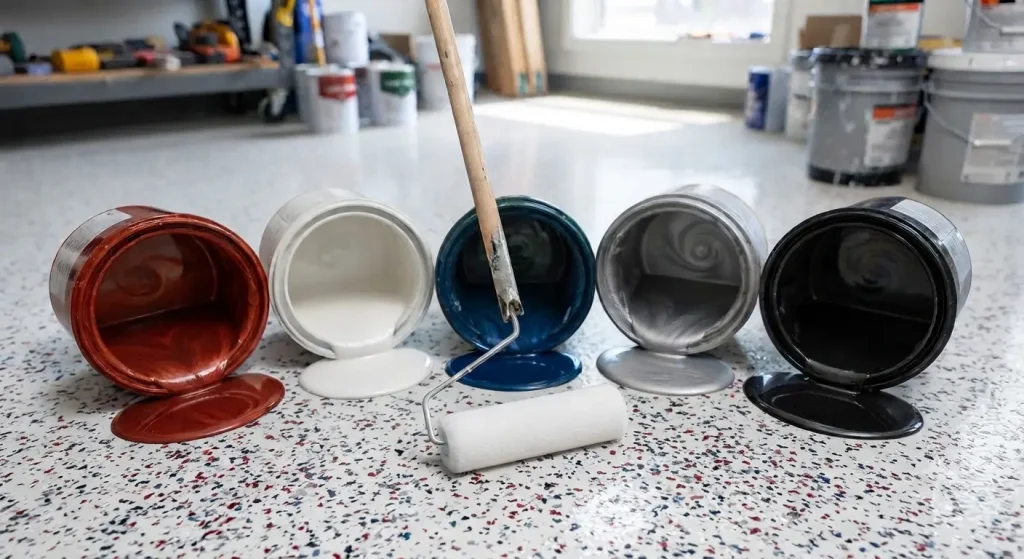 epoxy spilling out of containers red white blue silver black and roller with long pole