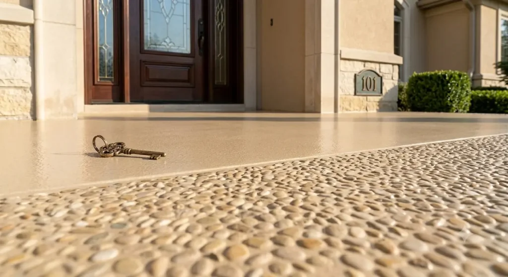 exterior entrance to a residence showing a combo of smooth epoxy and pebble outdoor epoxy flooring finishes (AI-generated for illustrative pruposes)