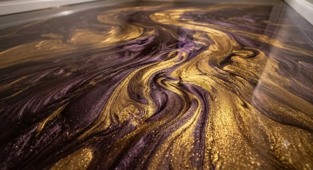 gold and dark purple metallic epoxy floors (AI-generated for illustrative purposes)
