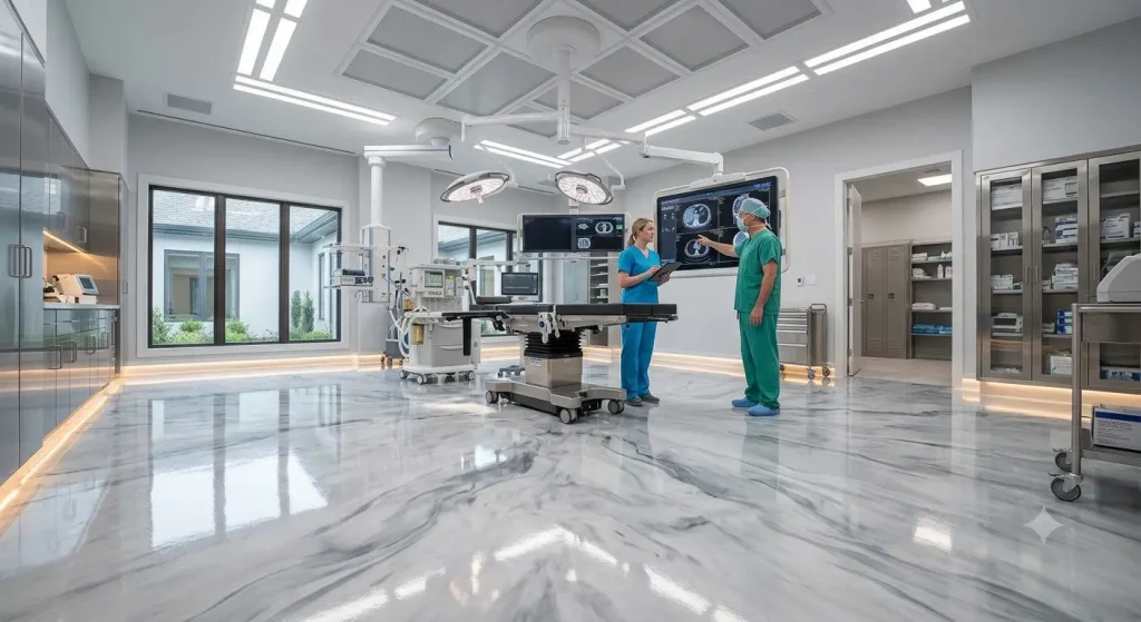 grey and white epoxy flooring hospital operating room (AI-generated for illustrative purposes)