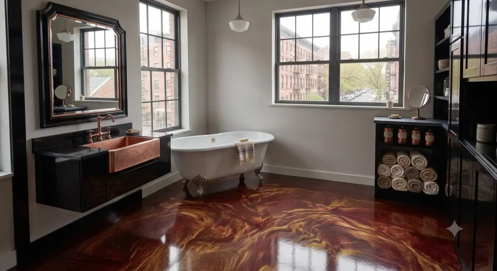 new york bathroom with red and gold metallic epoxy flooring (AI-generated for illustrative purposes)