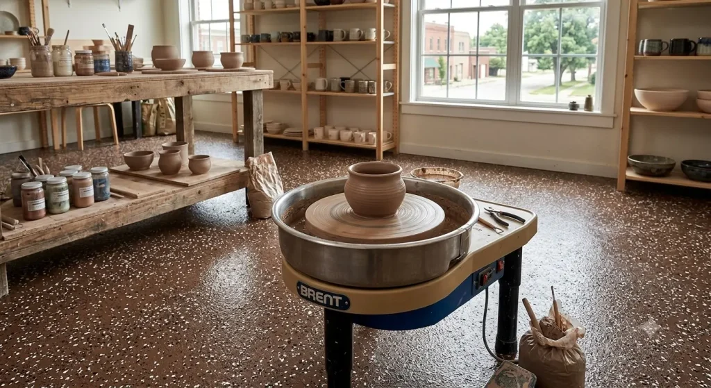 potter's wheel with freshly thrown clay pot and brown epoxy flooring (AI-generated for illustrative purposes)