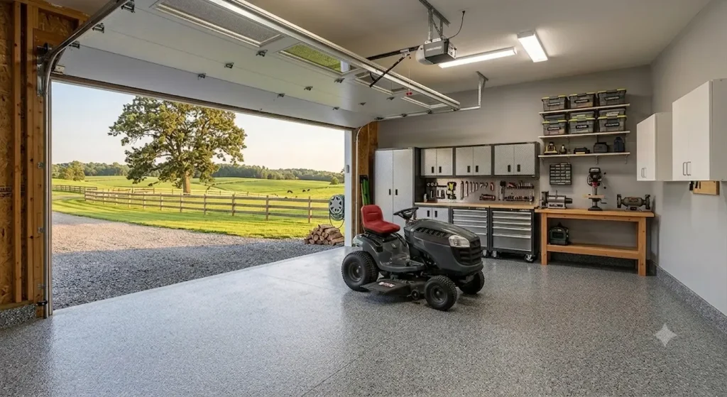 residential garage with grey garage floor epoxy and riding lawn mower (AI-generated for illustrative purposes)