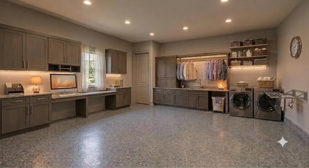 residential utility room with washer dryer and computer work area with residential epoxy flooring (AI-generated for illustrative purposes)