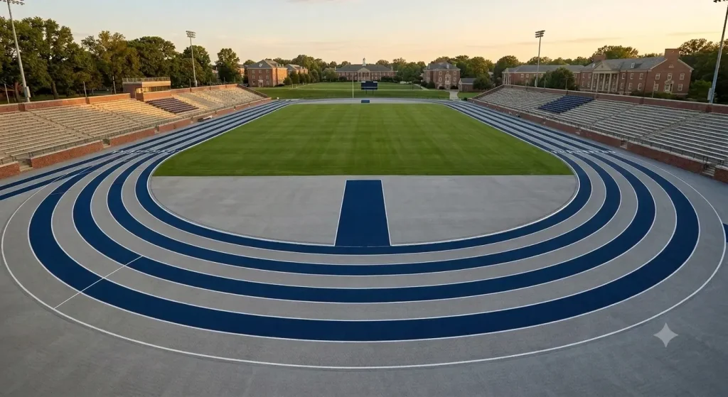 School track stadium with alternating blue and grey lanes. (AI-generated for illustrative purposes.)
