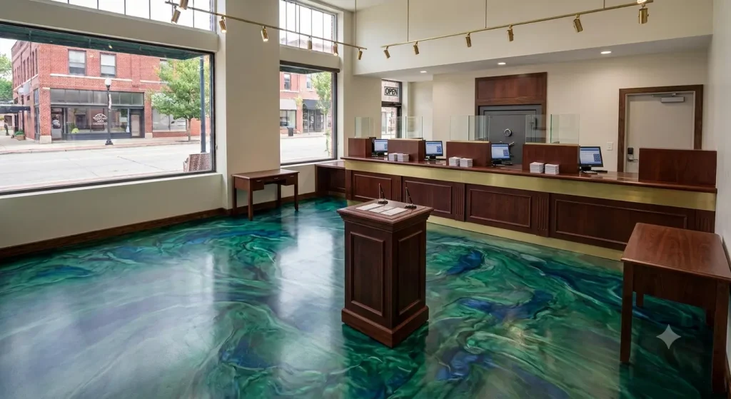 small bank with blue green epoxy flooring (AI-generated for illustrative purposes)