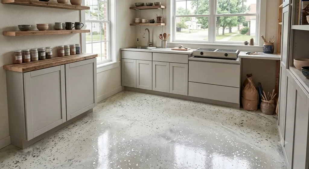 Small kitchen with white and silver metallic epoxy flooring. (AI-generated for illustrative purposes.)