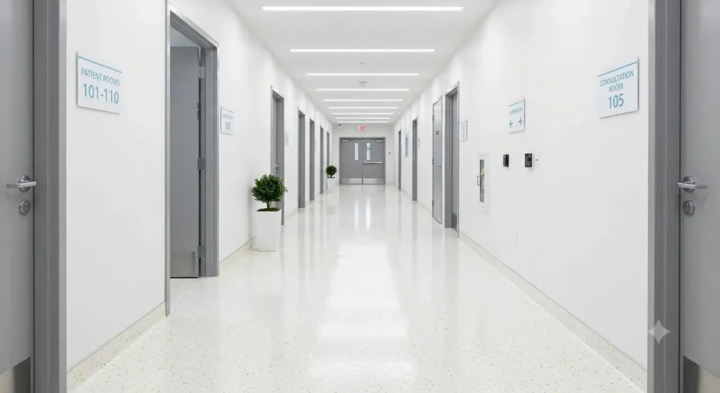white medical clinic hallway (AI-generated for illustrative purposes)