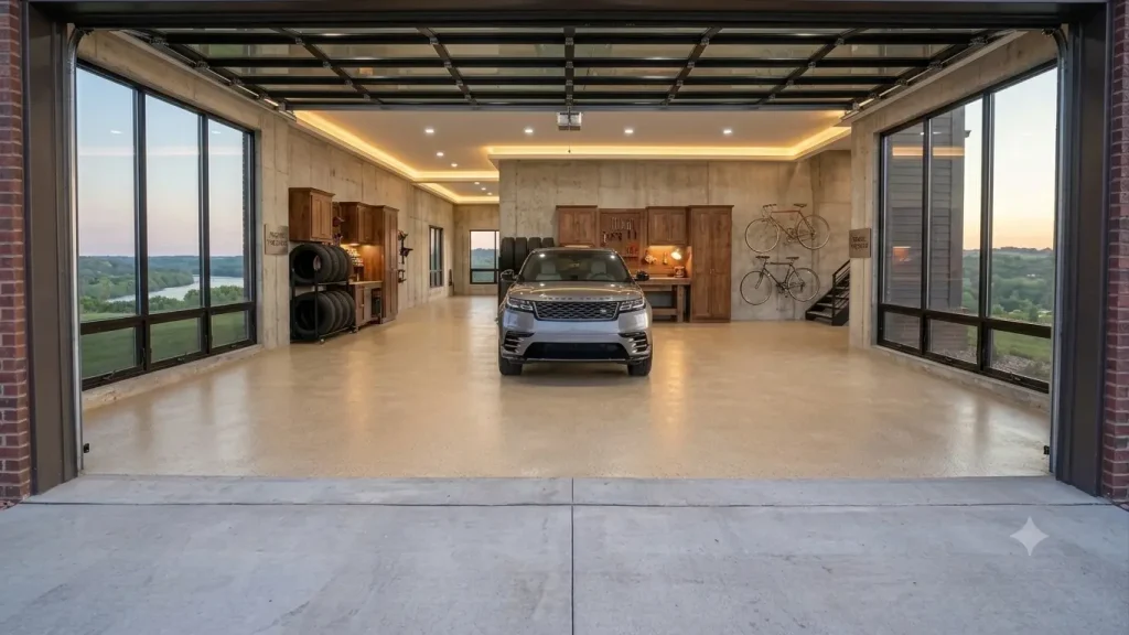 garage floor epoxy residential cream colored floor with suv parked on it