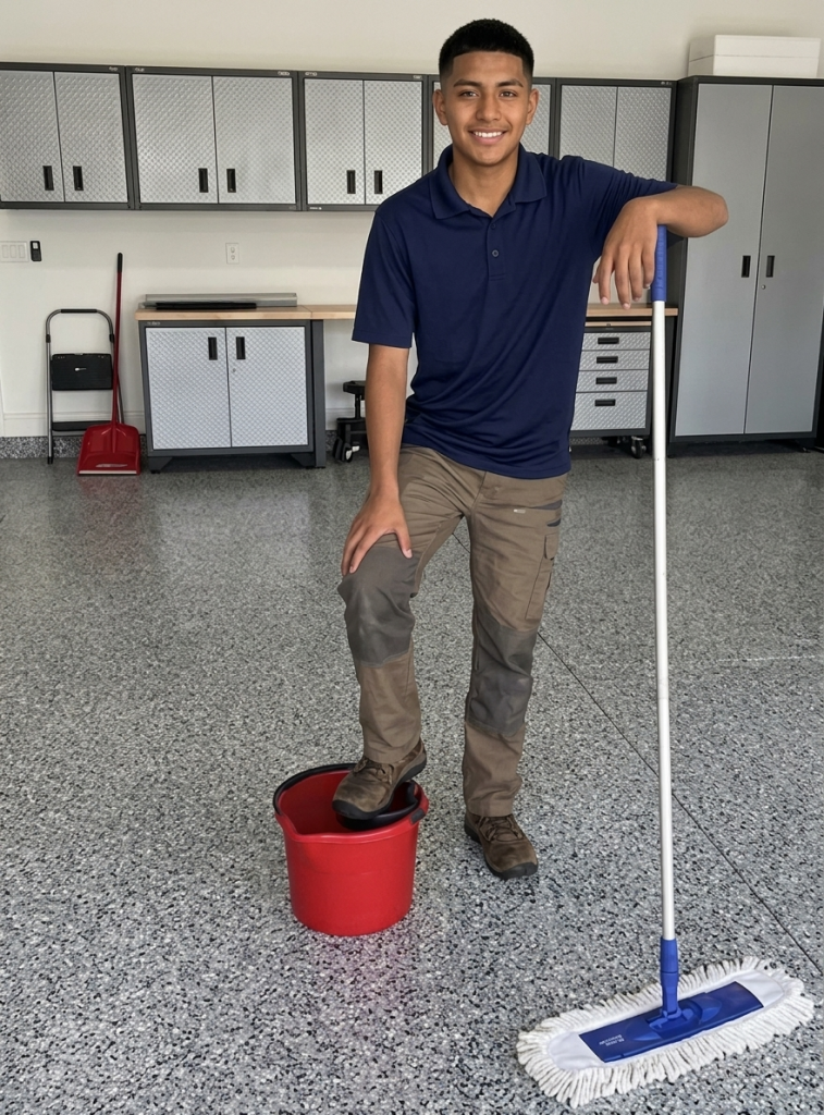 happy young hispanic person cleaning garage floor epoxy (AI-generated for illustrative purposes)