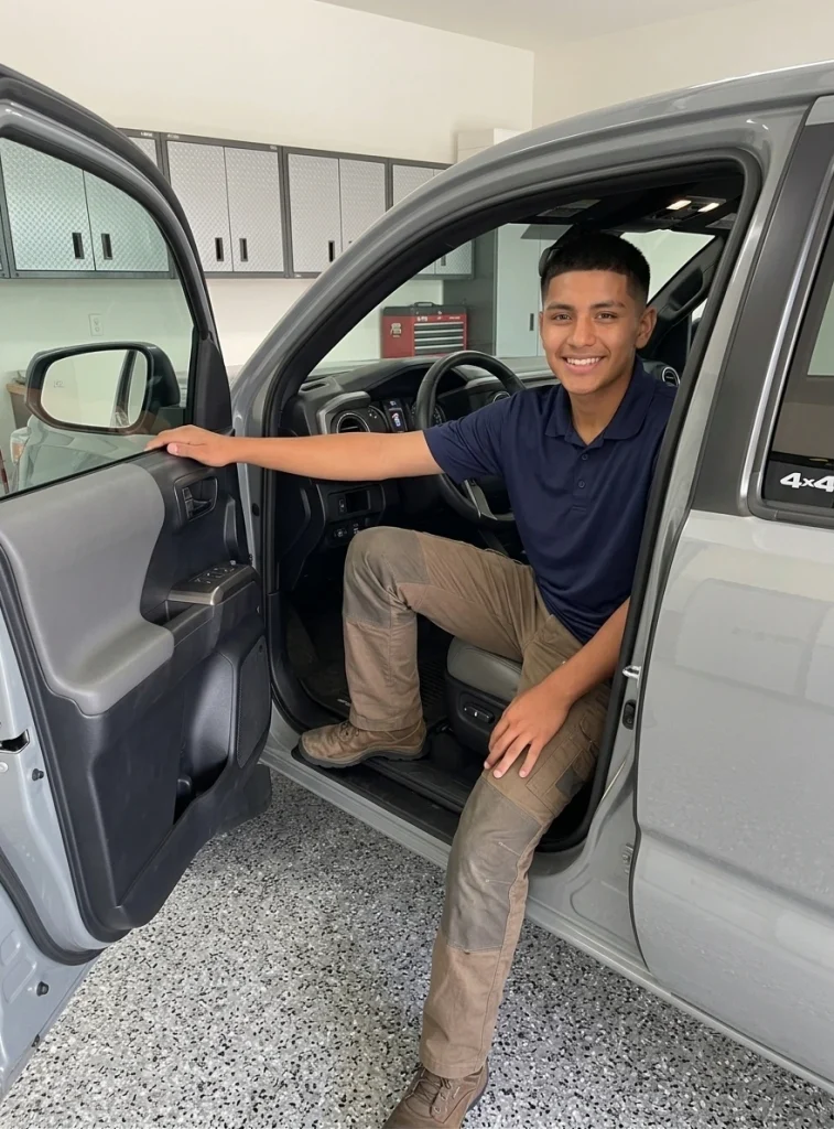 happy young person sitting in 4x4 in a garage with clean epoxy flooring
