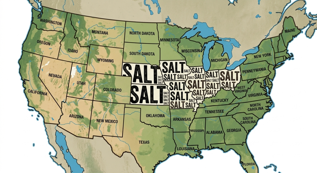 Map of the mainland United States showing some of the midwest salt states.